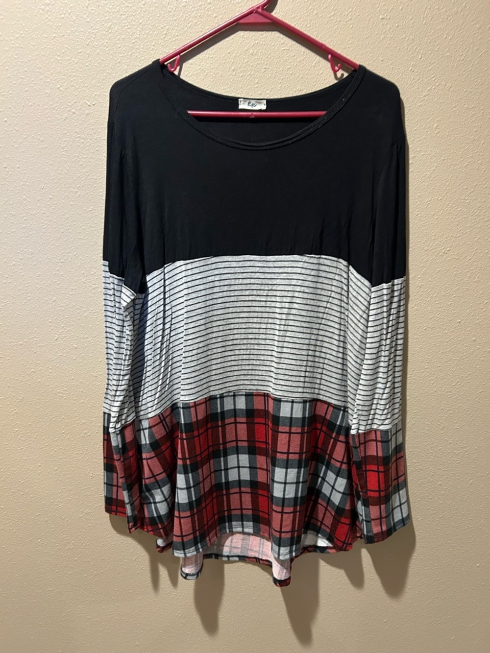 Black‎ + Grey Stripe with Red Plaid Hem Mixed-Print Tunic